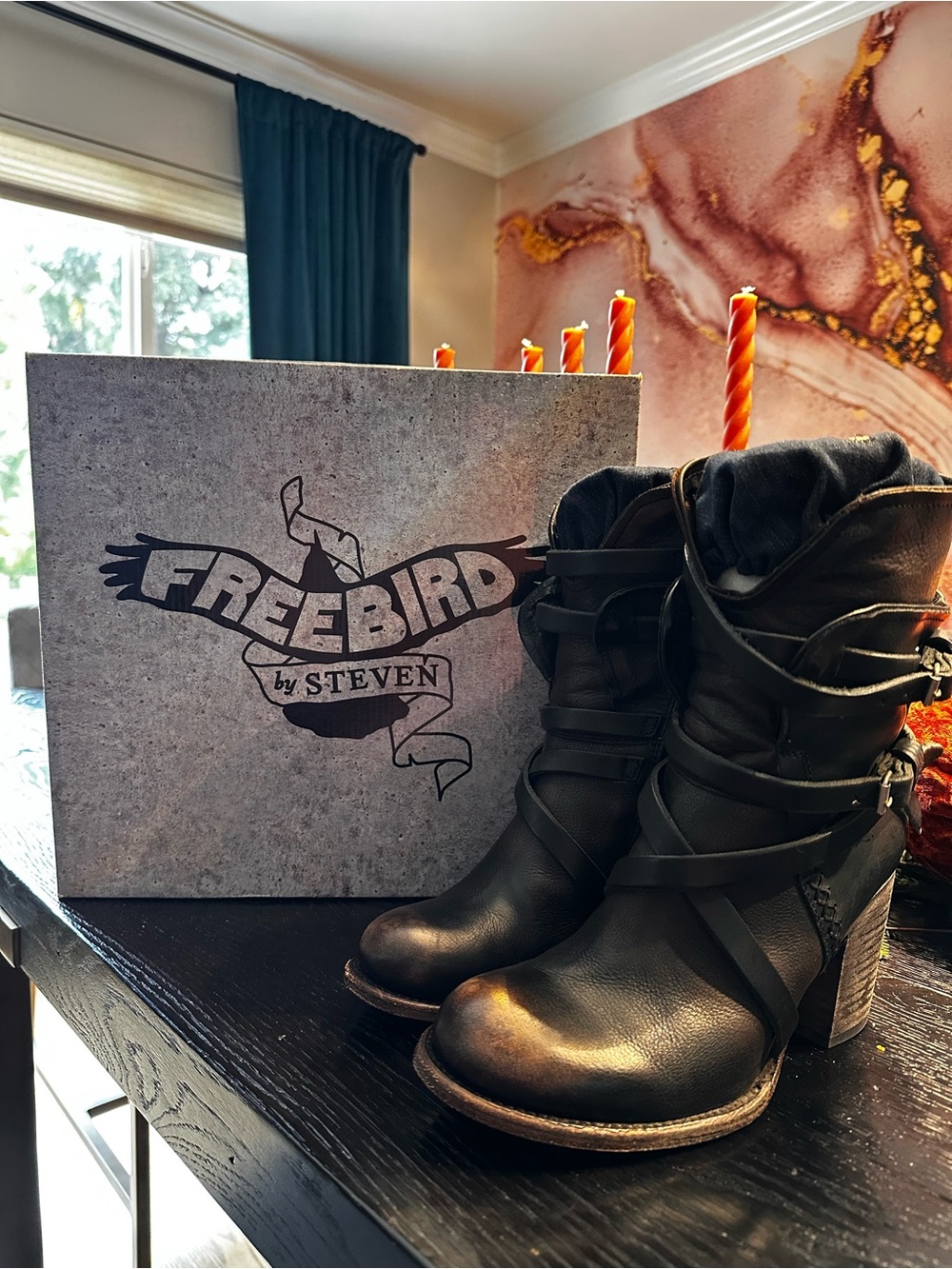 Freebird by Steven Baker Black Leather Wrap-Strap Heeled Ankle Boots